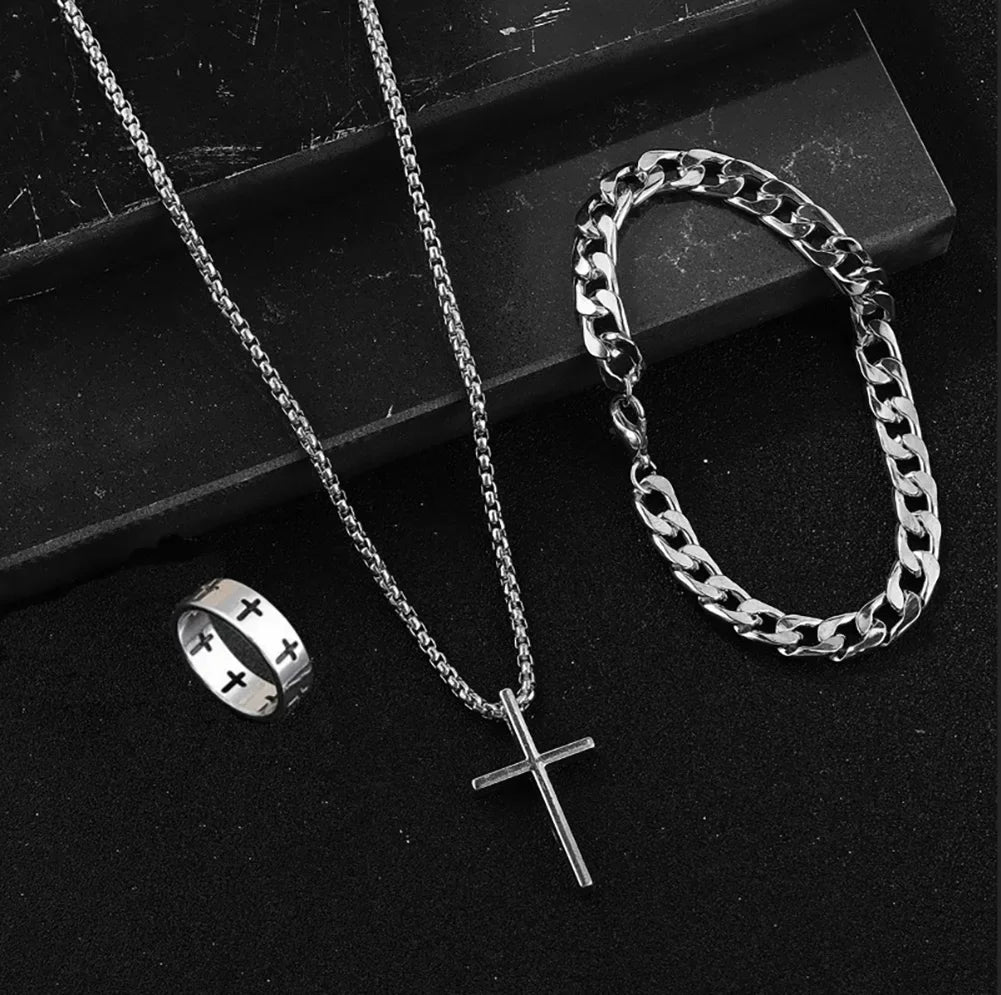 3pcs Stainless Steel Suit Jewelry Set For Men, Hip-hop Cross Pendent Necklace, Bracelet And Ring Set