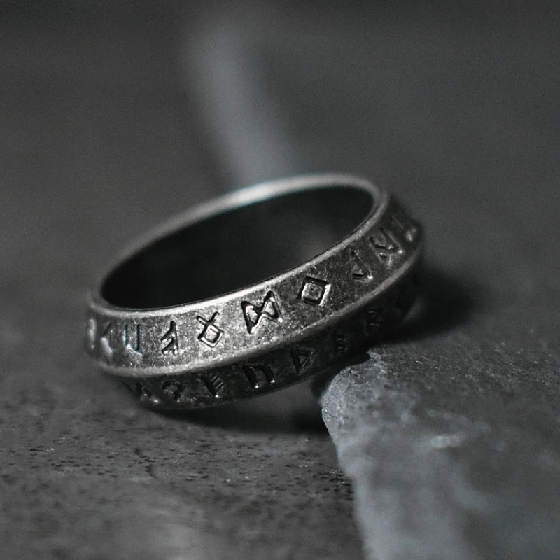 Blackened Viking Stainless Steel Ring Handcrafted Norse Runes Design Retro Gothic Unisex Jewelry Gift for Men Women