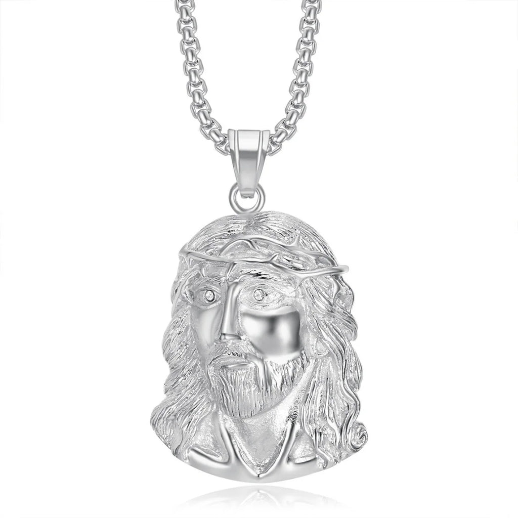 Religious Iced Out Bling Christ Jesus Head Pendant Stainless Steel Cubic Zirconia Christian Necklace for Women Men