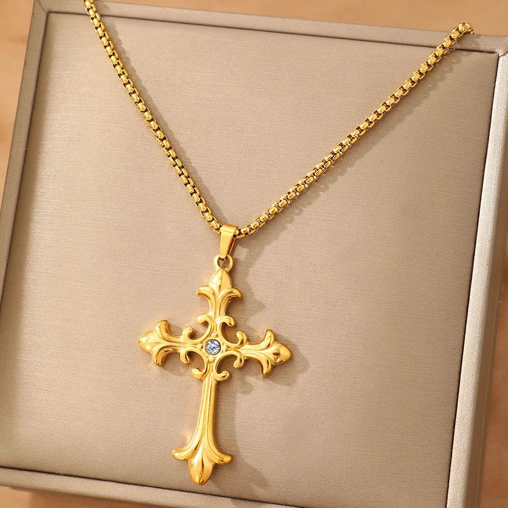 Stainless Steel Necklace Hip Hop Street Creative Fashion Cross Pendant Necklace For Women Jewelry Party Commuter Matching