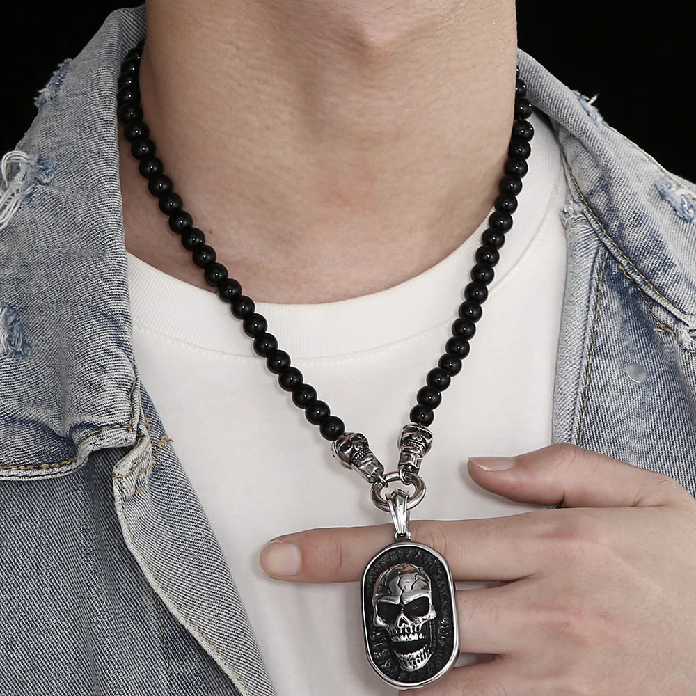Men's Steampunk CZ Skull Face Head Pendant Necklace For Man 8MM Width 50CM Long Agate Stone Beads Chain Stainless Steel
