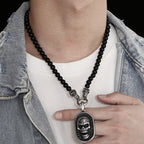 Men's Steampunk CZ Skull Face Head Pendant Necklace For Man 8MM Width 50CM Long Agate Stone Beads Chain Stainless Steel
