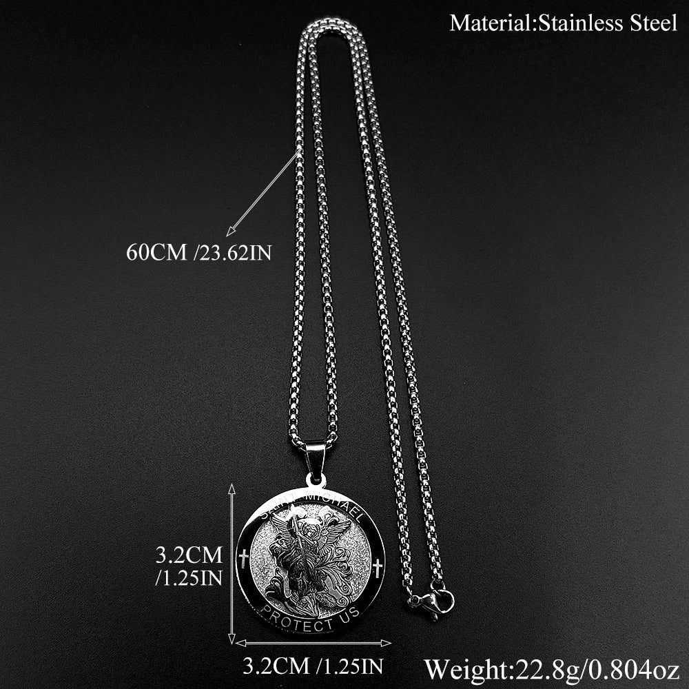 St. Michael Protect Us Cross Medal Necklace — Stainless Steel