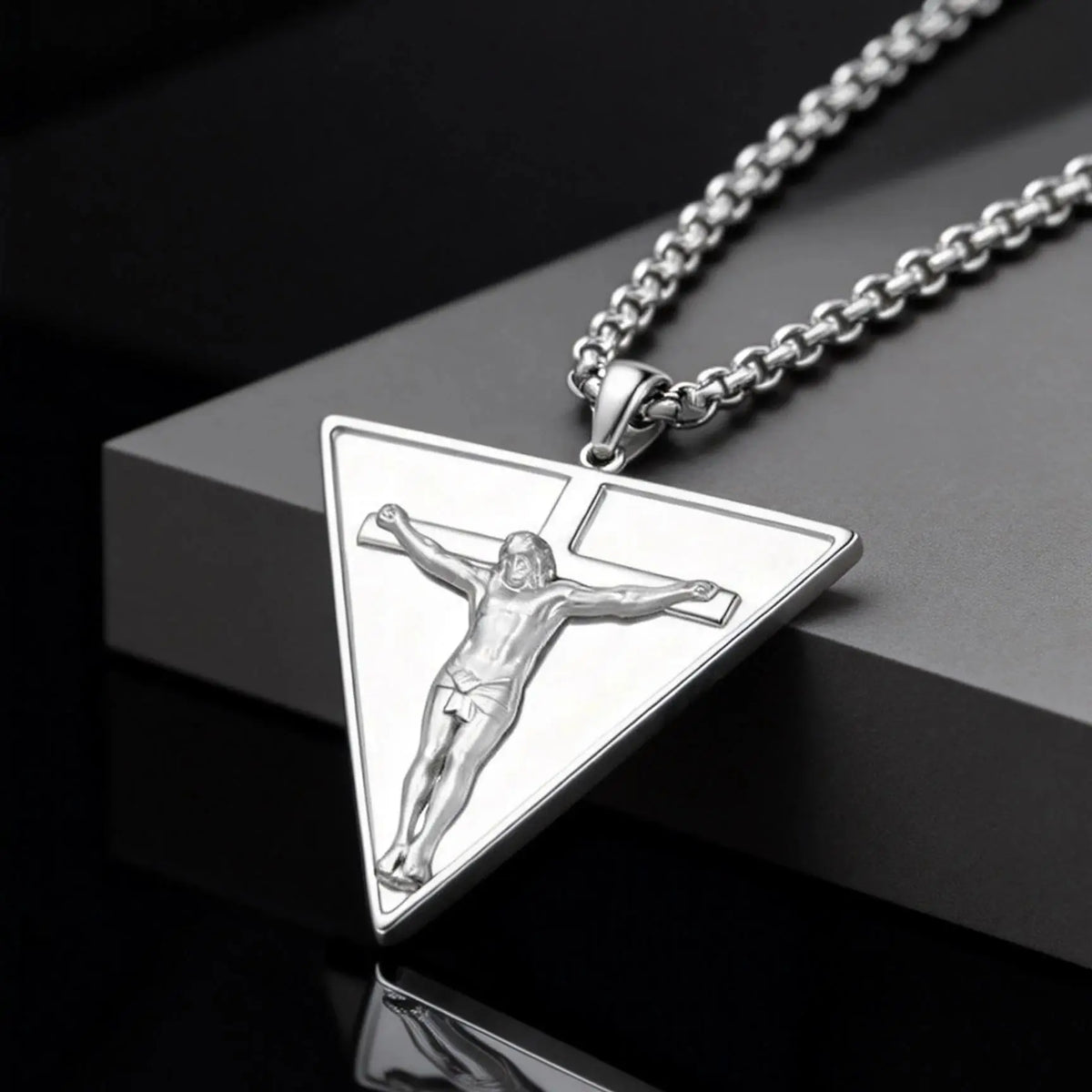 Catholic Jesus Cross Triangle Pendant Necklace — Stainless Steel