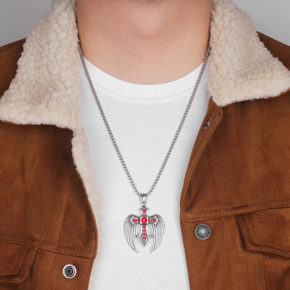 Red Black Cross Wings Men Long Necklaces Pendants Chain Punk for Boy Male Stainless Steel Jewelry Creativity Gift Wholesale