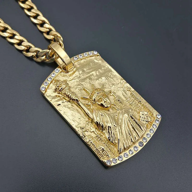 Iced Out Statue of Liberty Pendant — Cuban Chain, Stainless Steel