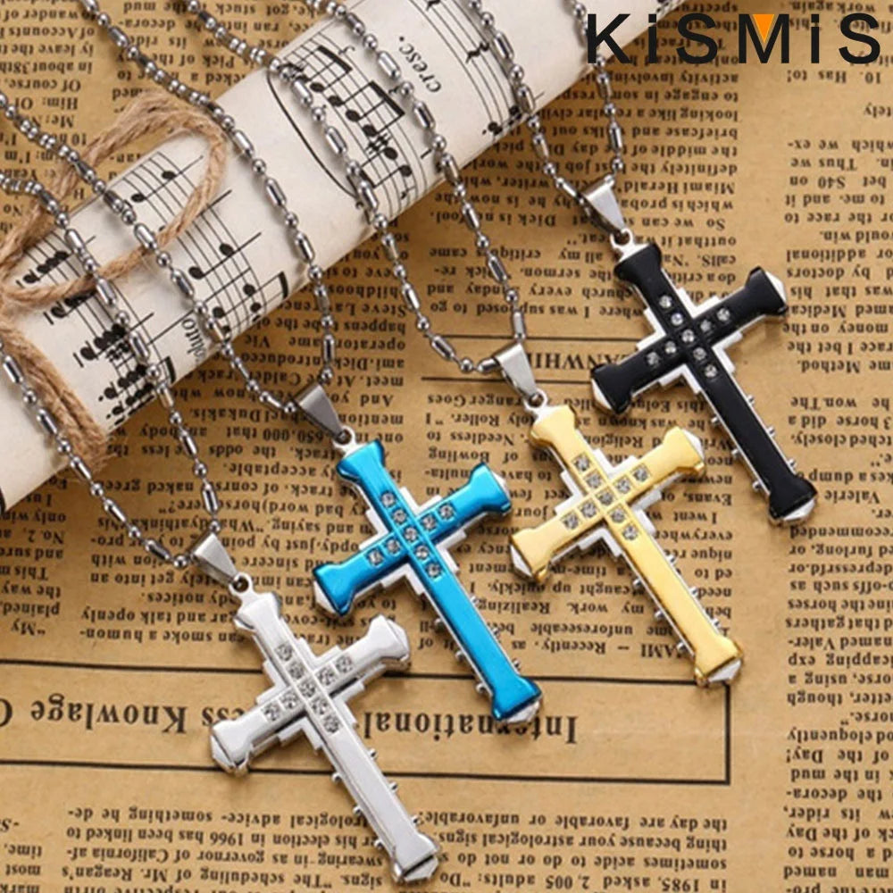 Stainless Steel Cross Pendant Necklace for Men Silver Gold Black Zirconia Jesus Cross Jewelry