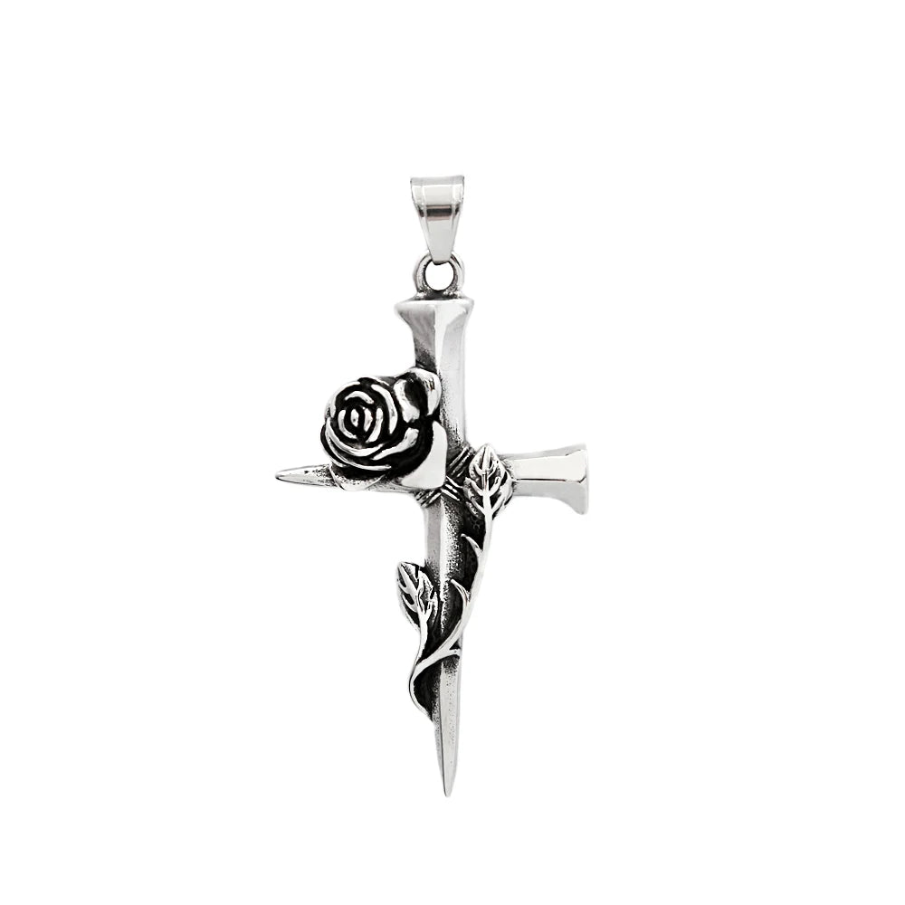 Fashion Vintage Rose Cross Necklace for Man Woman Punk 316L Stainless Steel Couple Pendant Creative Amulet Jewelry