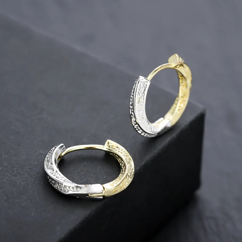 Gothic Embossed Scroll Click Hoop Earrings — Stainless Steel