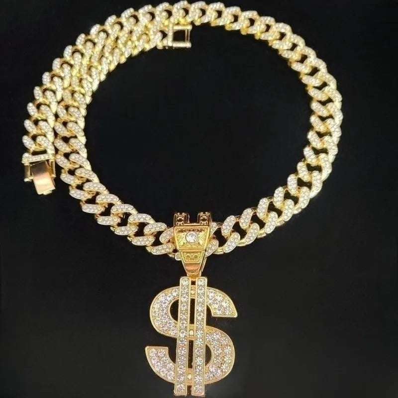 Men Women Hip Hop Dollar Pendant Necklace with 13mm Cuban Chain Hiphop Iced out pendants Necklaces Fashion Punk Jewelry