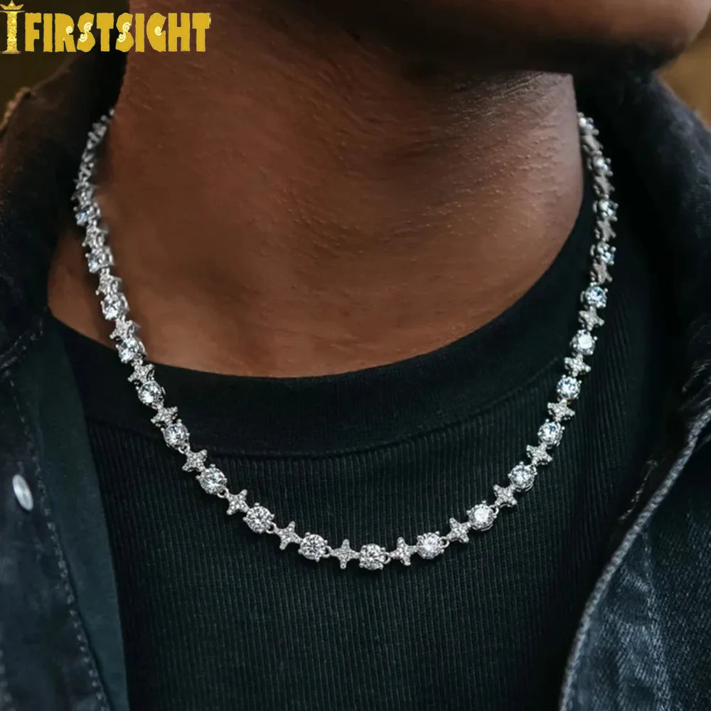 New Cross Pendant Tennis Star Link Chain Necklace for Men Women Iced Out Silver Color Cubic Zirconia Charm Hip Hop Jewelry