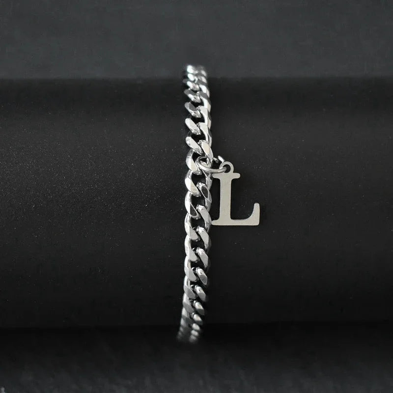 A-Z Initial Letter Cuban Chain Bracelet — Stainless Steel