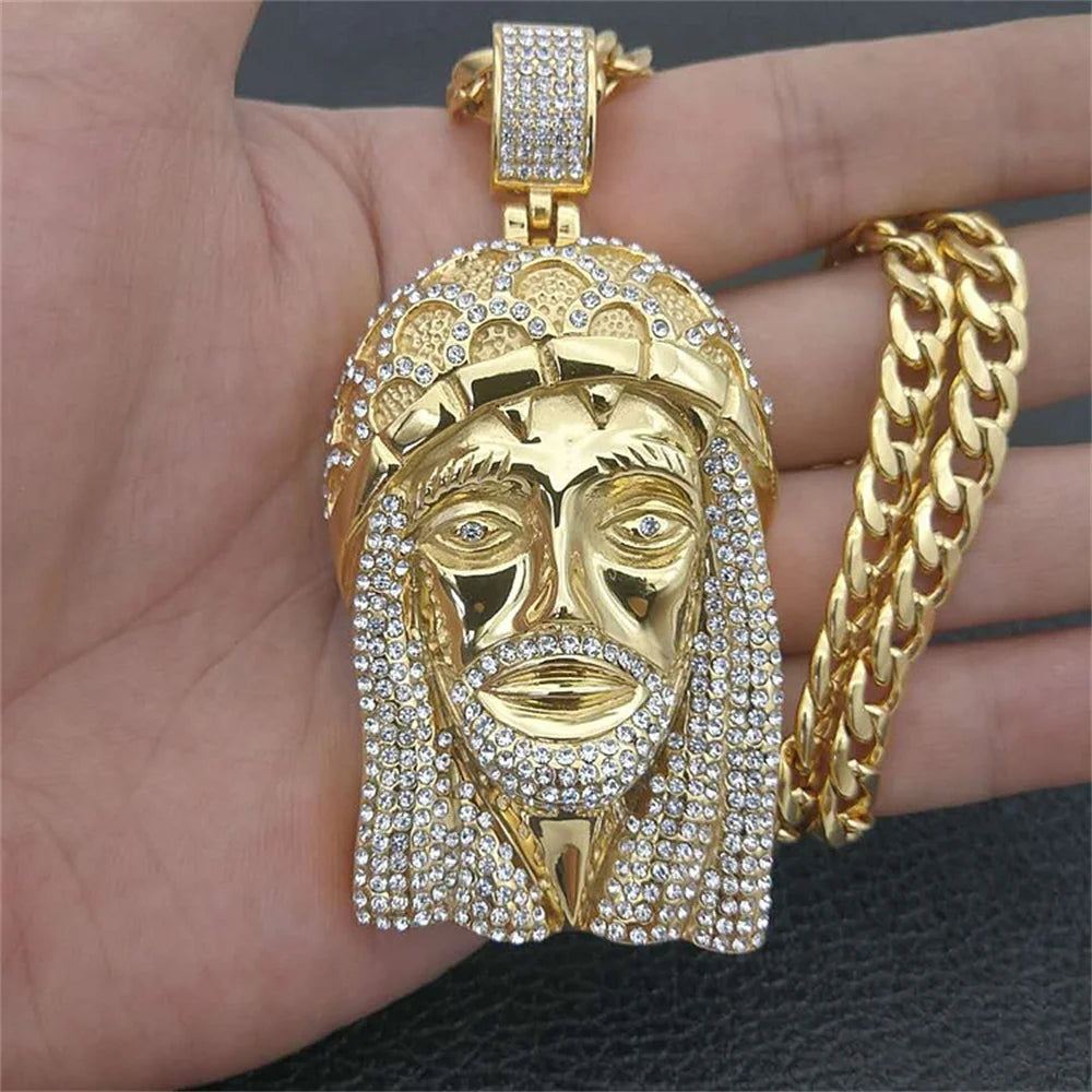 Hip Hop Iced Out Bling Jesus Head Pendant Male Gold Color Stainless Steel Christian Big Necklace for Men Religious