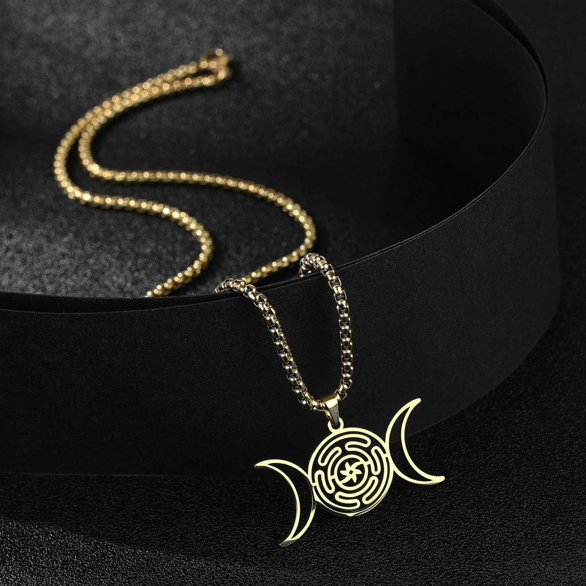 Hekate Wheel Triple Moon Pendant Necklace — Stainless Steel