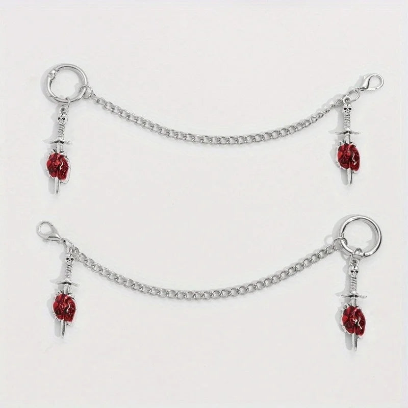 2Pcs Gothic Red Rose Sword Boots Chain Silver Metal Removable Shoe Chain Punk Boots Decorative Accessories Decoration