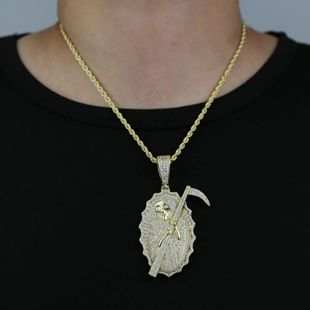 2023 New Grim Reaper Death Pendant Necklace Iced Out Bling Gold Color CZ The King Of Terrors Charm Men Women Hip Hop