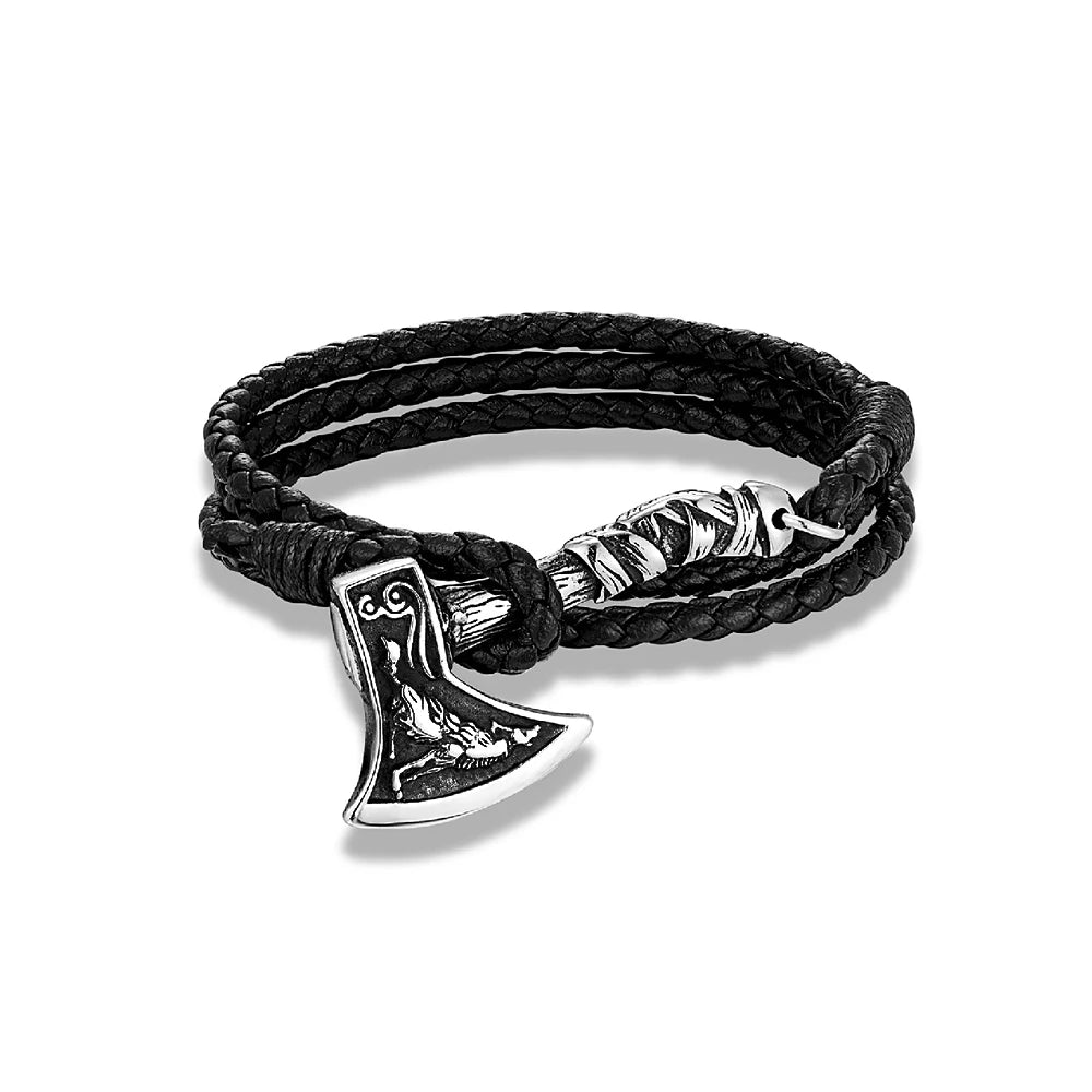 Wolf Viking Steel Bracelet Axe Leather Handmade