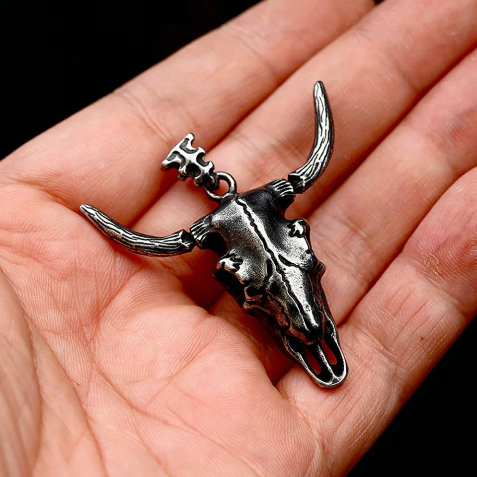 Black Bull Head Skull Pendant — Stainless Steel