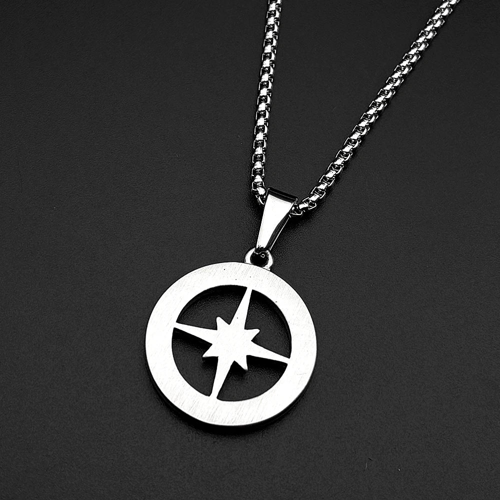 Hollow North Star Round Compass Pendant Necklace for Women Men Stainless Steel Gold Silver Color Chain Necklaces Jewelry Gifts