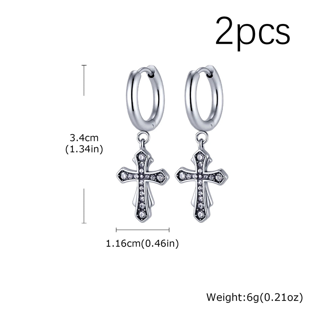 Jesus Cross Textured Dangle Earrings — Stainless Steel