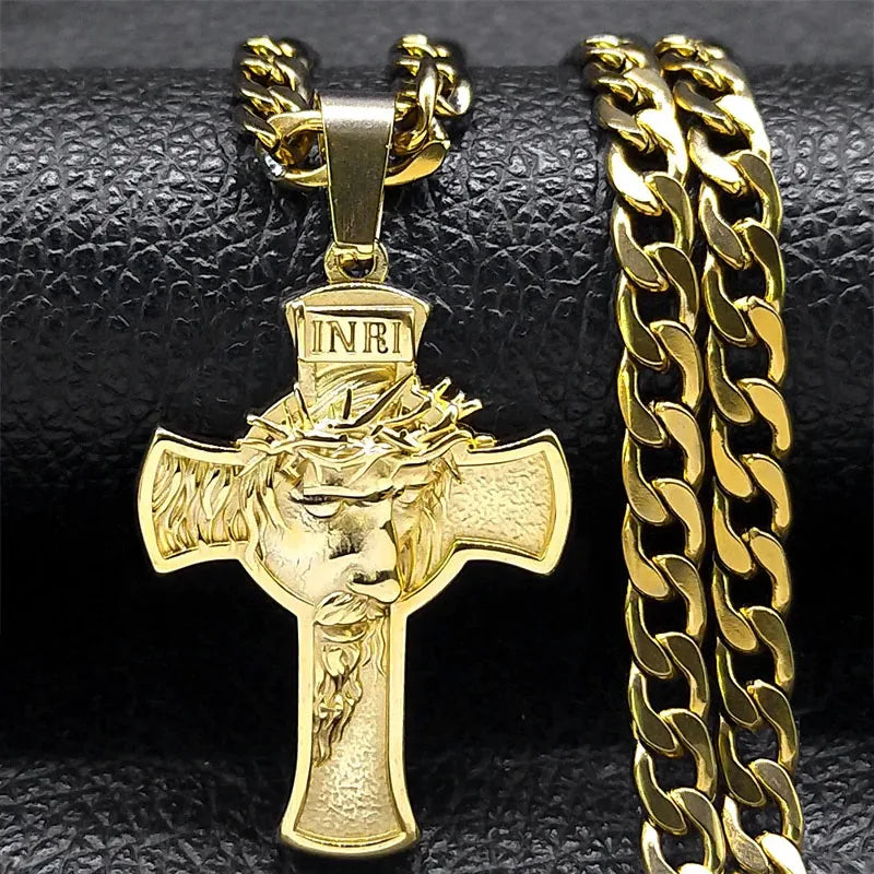 Jesus Crown of thorns Men's Necklace Stainless Steel Gold Color Chain Crucifix Medal Male Neckalces Religious Jewelry