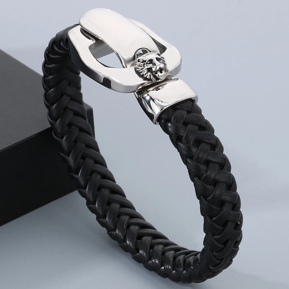 Biker Men‘s Bracelet Punk Braided Leather With Skull Lion Head Buckle Rope Cool Hip Hop Stainless Steel Jewelry Gift