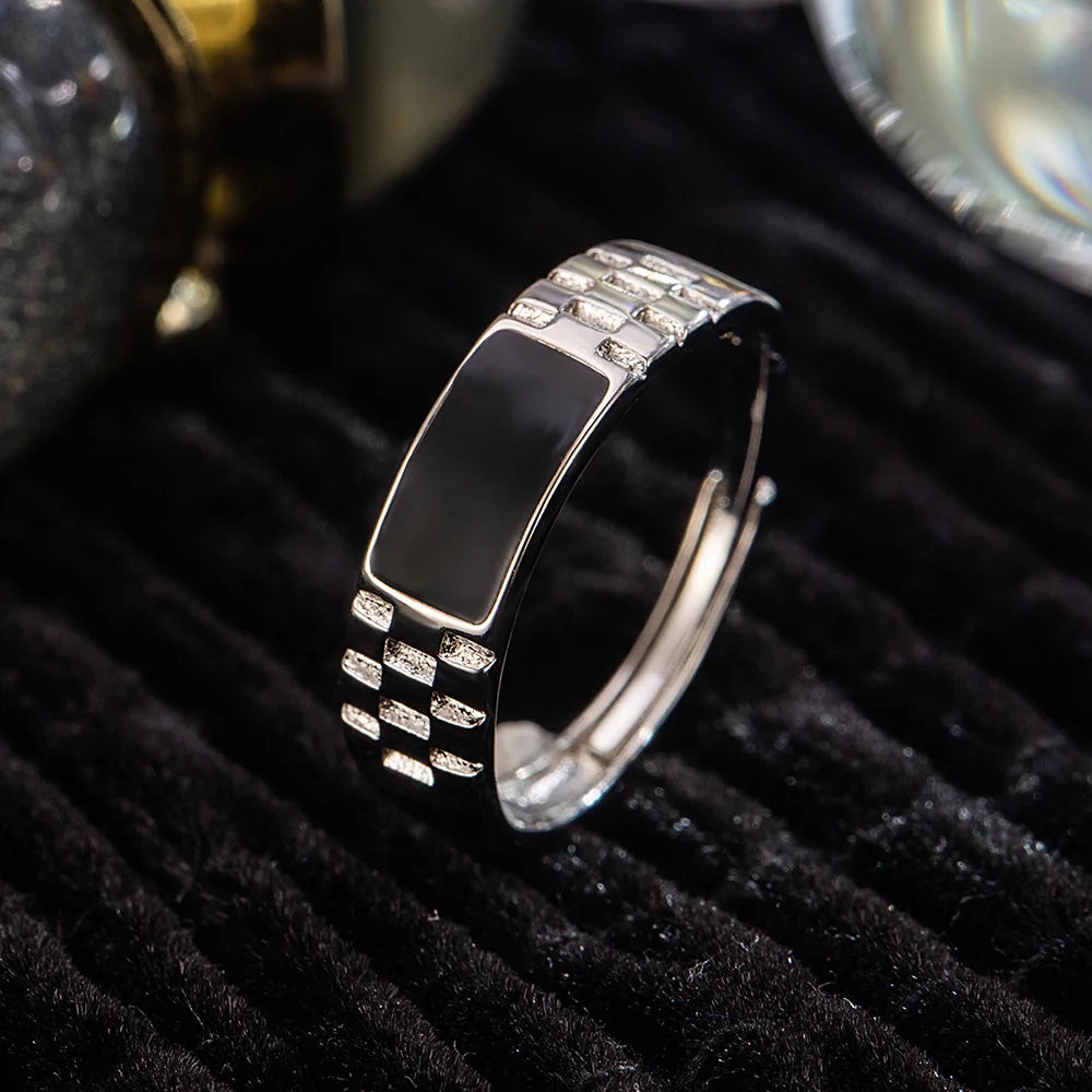 Silver Ring Drop Glue Checkerboard Men's Retro Ring Fashion Simple Birthday Party Wedding Anniversary Jewelry Gift
