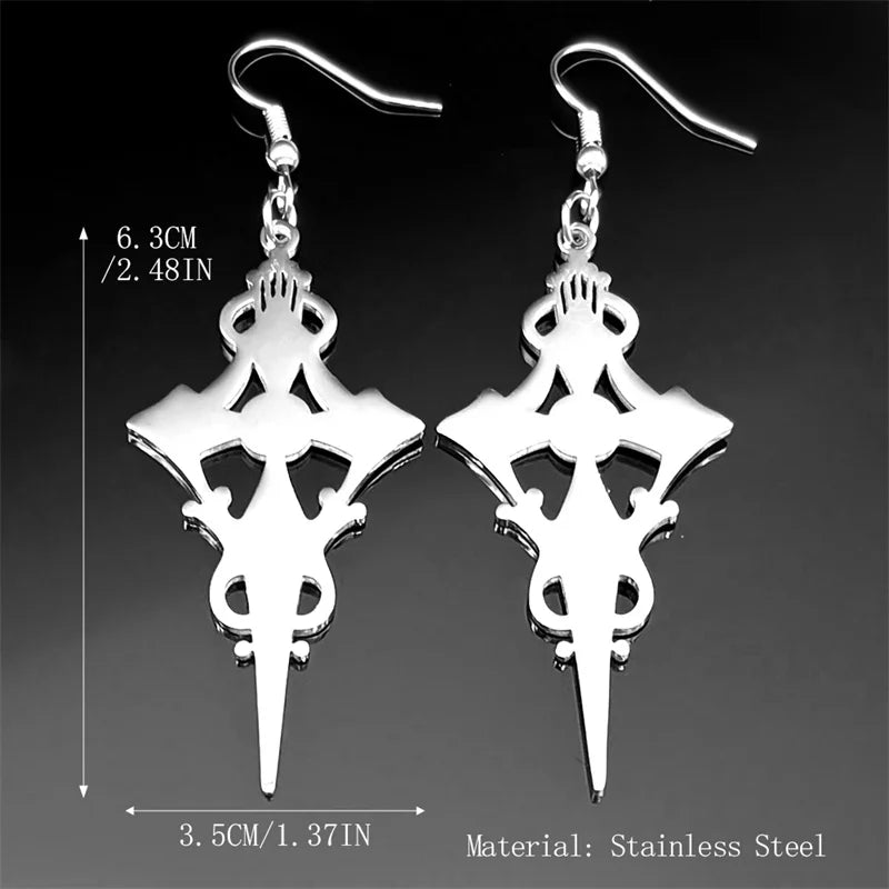 Gothic Cross Steel Earrings Satan Witch Big Hoop