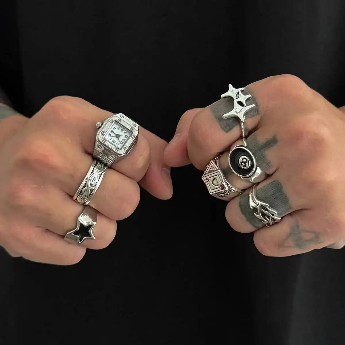 Gothic Silver Pentagram Poker Stack Ring — Silver