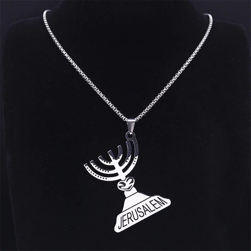 Jerusalem Menorah Pendant — Stainless Steel