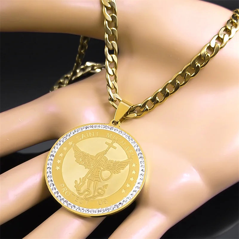 SAINT MICHAEL PROTECT US Archangel Men Crystal Necklace Stainless Steel Gold Color Catholic Religious Necklaces Jewelry
