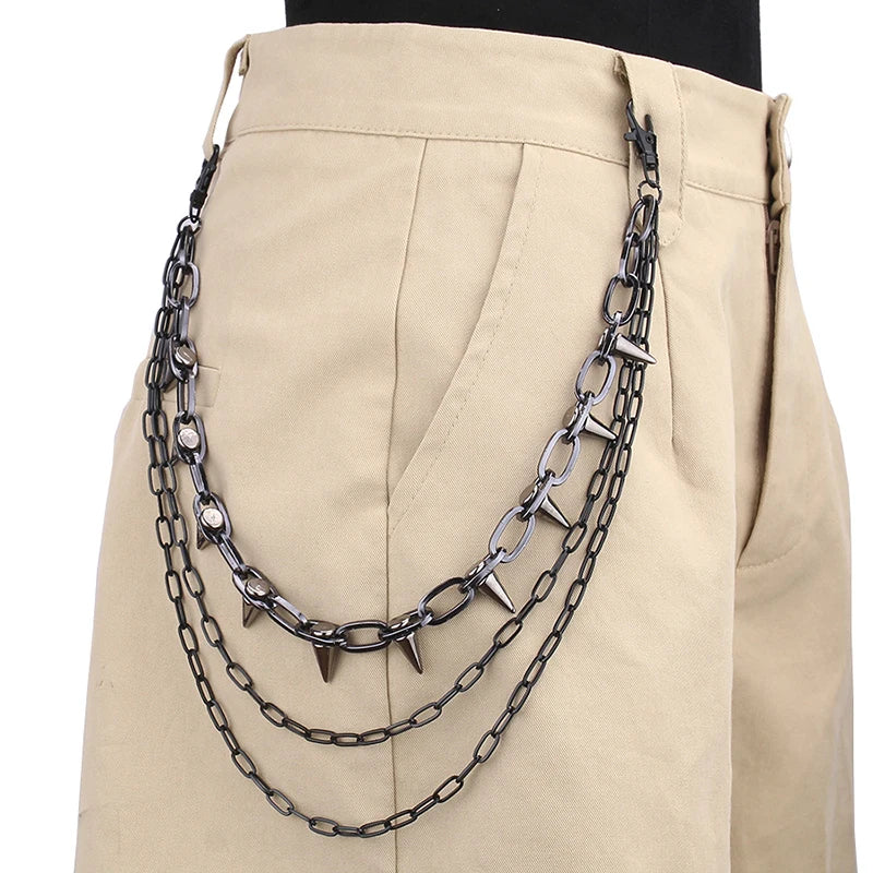Punk Spike Rivet Layered Metal Chain Keychains For Men Women Pants Jeans Biker Gothic Rock Belt Chains Jewelry Accessories Gift