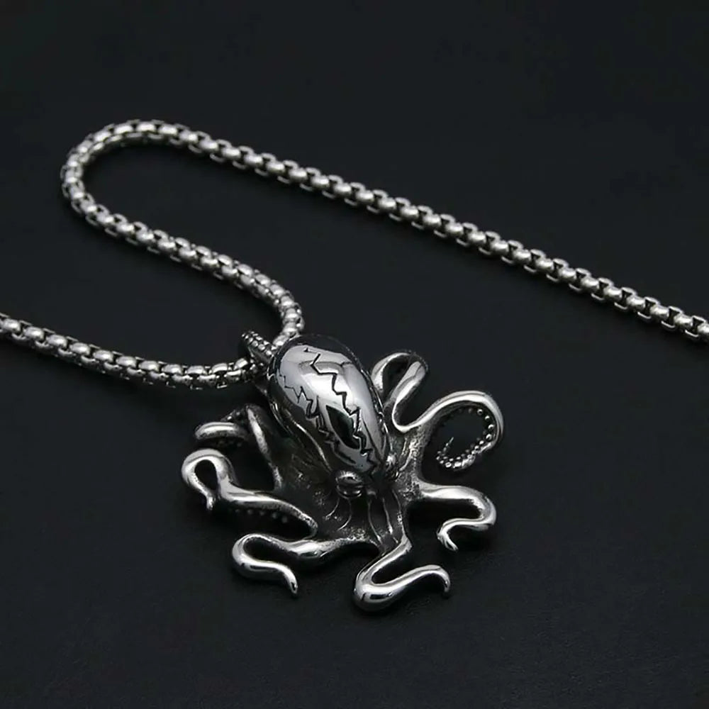 Gothic Pirate Octopus Skull Necklace Pendant Men Retro Street Rock Stainless Steel Octopus Necklace Chain Jewelry