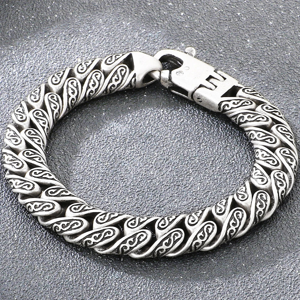 Vintage 12MM Width Cuban Link Chain Bracelet for Man Black Gold Color Stainless Steel Men's Bracelets Wrist Hand