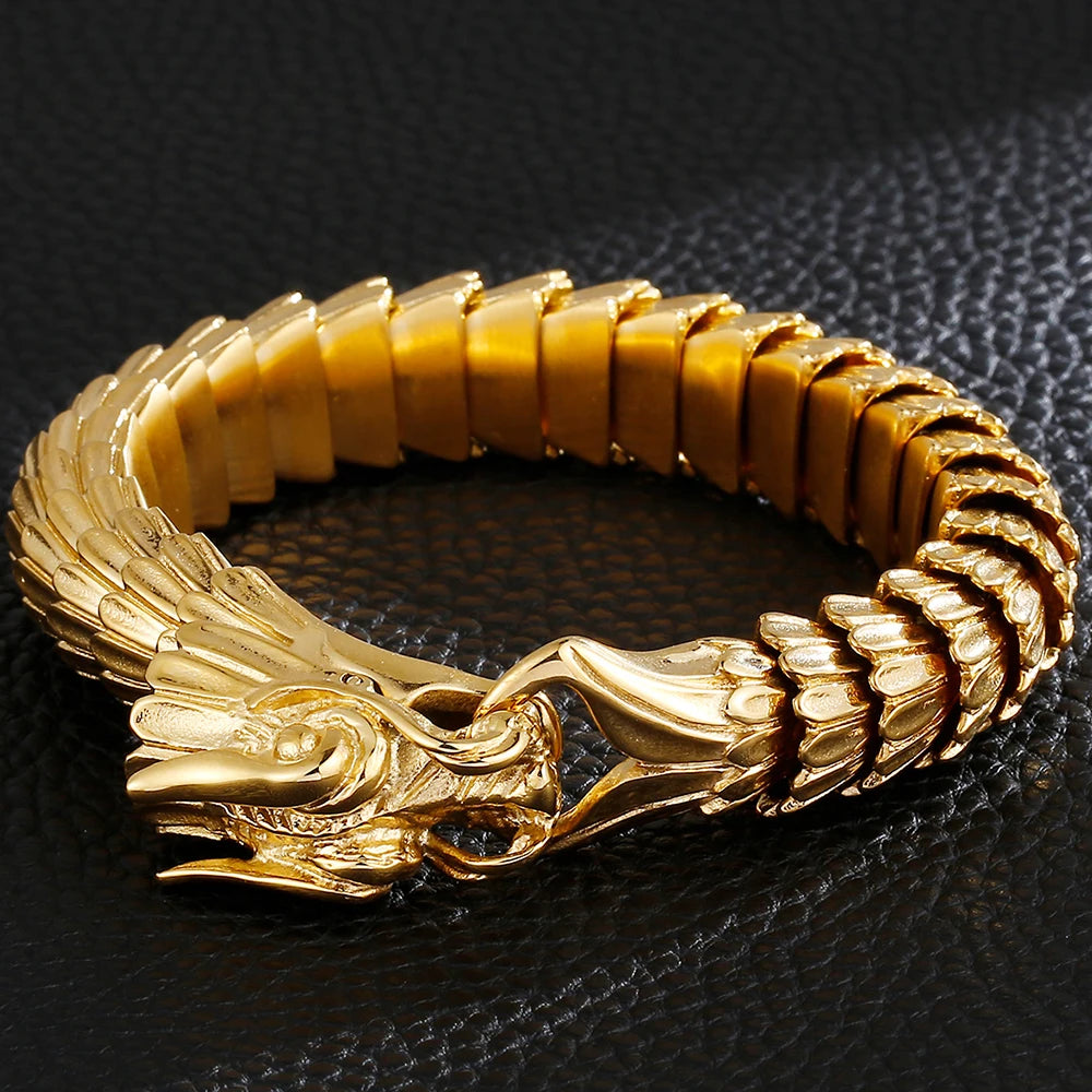 Dragon Head Animal Man Bracelet Gold Color 316L Stainless Steel Dragon Keel Chain Men's Bracelets Wristband Viking