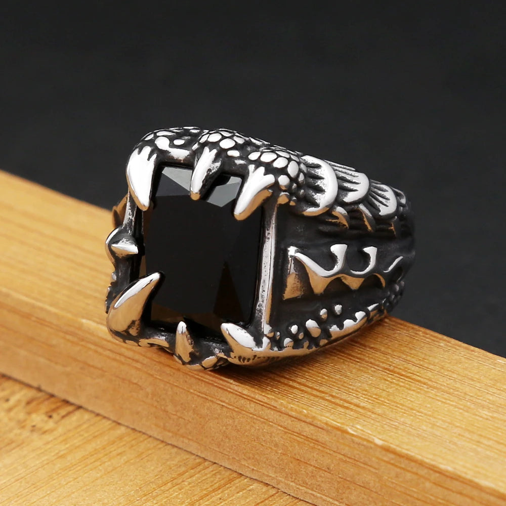 Gothic Dragon Black Ring Vintage Claw Punk Stone