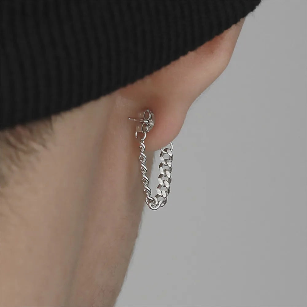 Black Steel Chain Stud Earrings Minimal