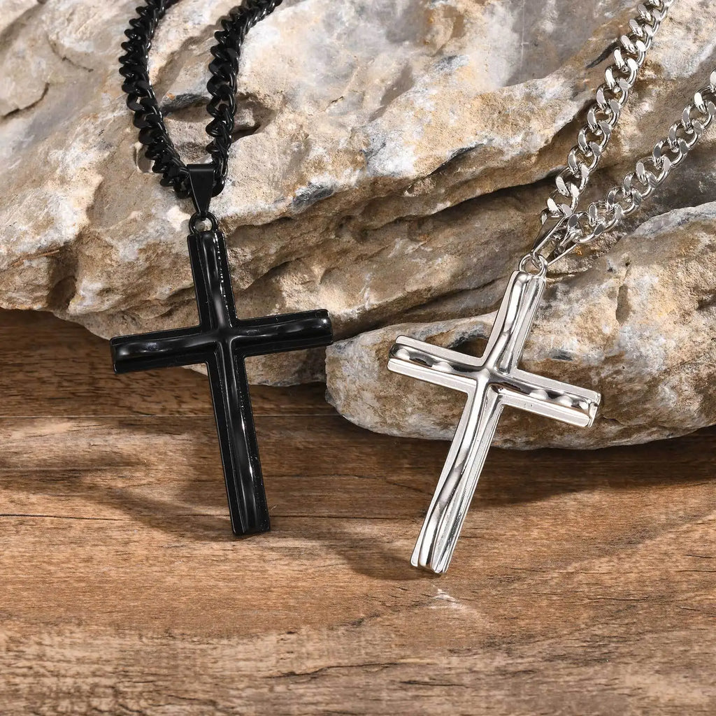 Vnox Mens Big Cross Pendant Necklaces, Religous Faith Jewelry, Two Layers Cross Pendant with Cuban Chain, Punk Hiphop