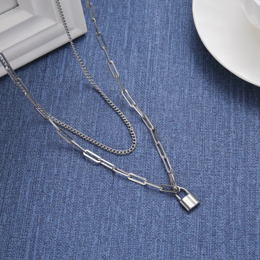 My Shape Fashion 2 Layers Lock Pendant Necklace for Men Punk Stainless Steel Clip Link Chain Necklaces Choker Male Party Jewelry