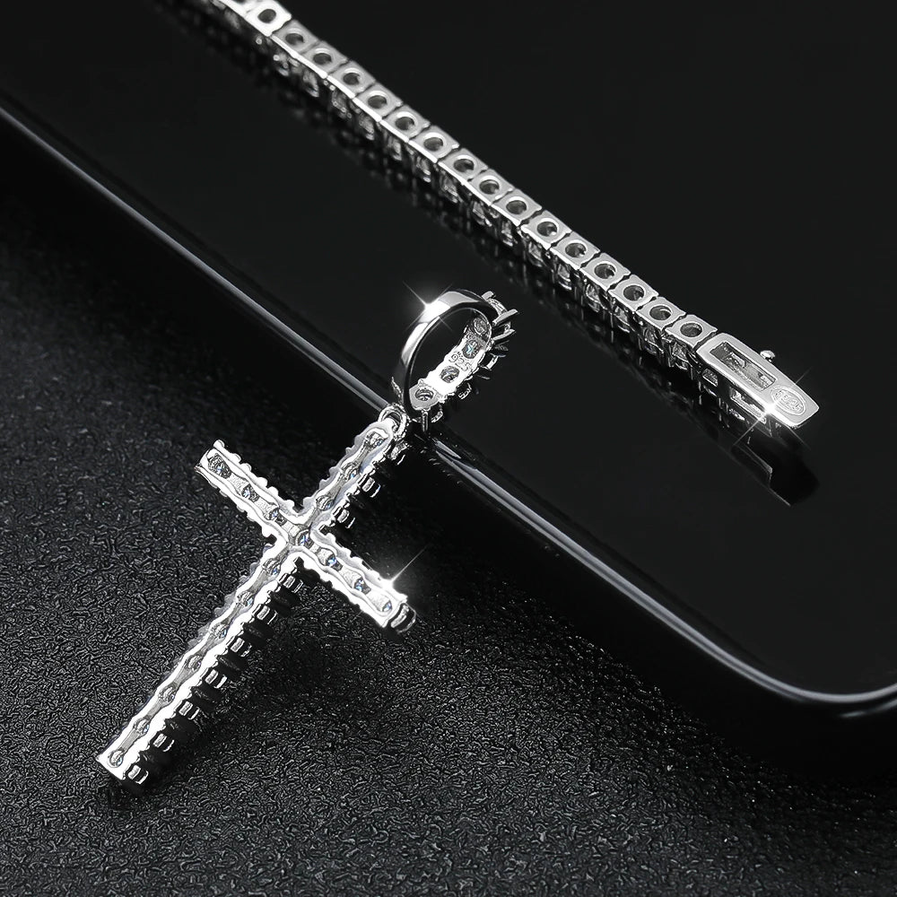 KNOBSPIN Full Moissanite Tennis Necklace with Pendant 925 Sterling Sliver Plated 18k Chain for Man Sparkling HipHop Party Jewely