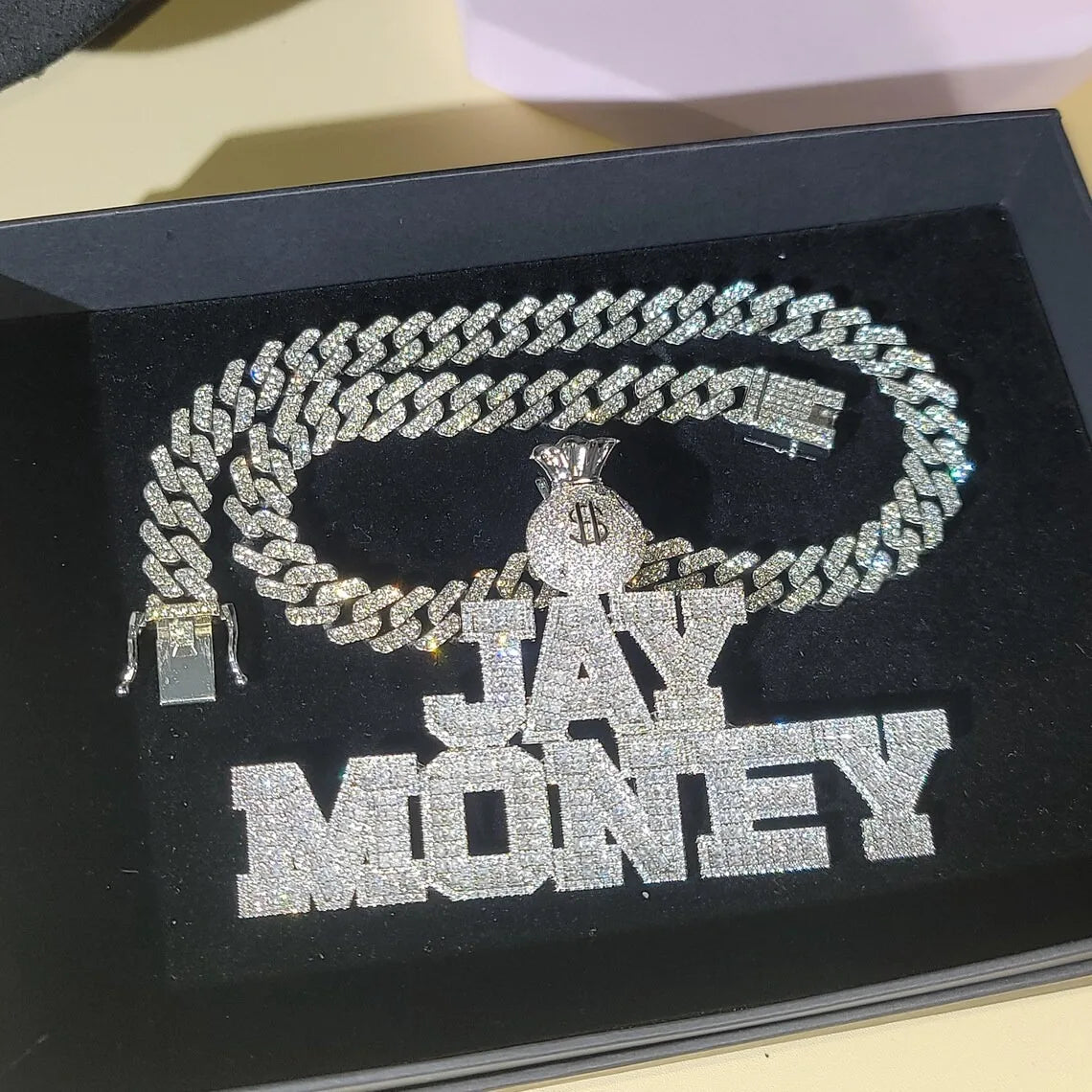 THE BLING KING Custom Money Bag Bail Varsity Letter Pendant With 12mm Cuban Chain Personalized Nameplate Necklace