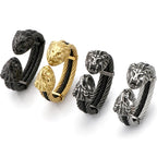 Gothic Elastic Double Lion Face Head Open Cuff Bangle Bracelet For Man Stainless Steel & Leather 12MM Twist Chain Mens