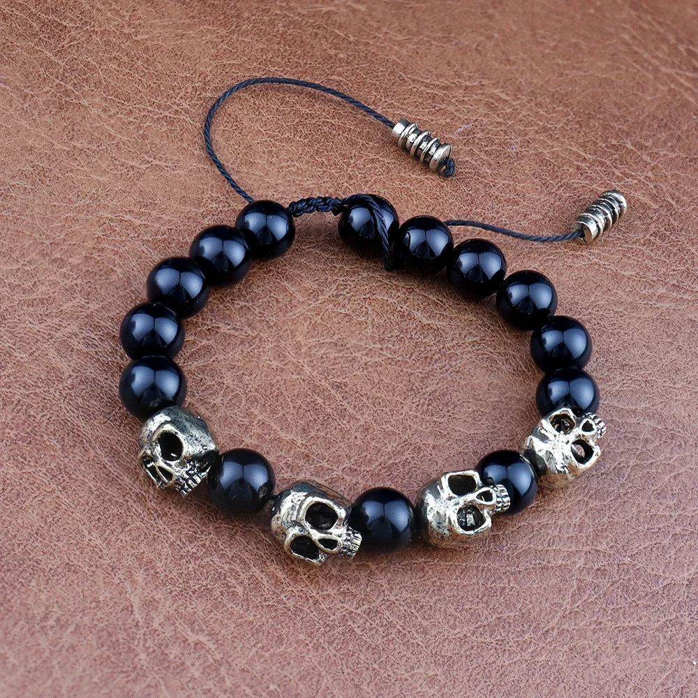 Trendy Agate Skull Bracelet Men's Vintage Adjustable Tiger's eye Bracelets Male Punk Hip Hop Charm Jewelry
