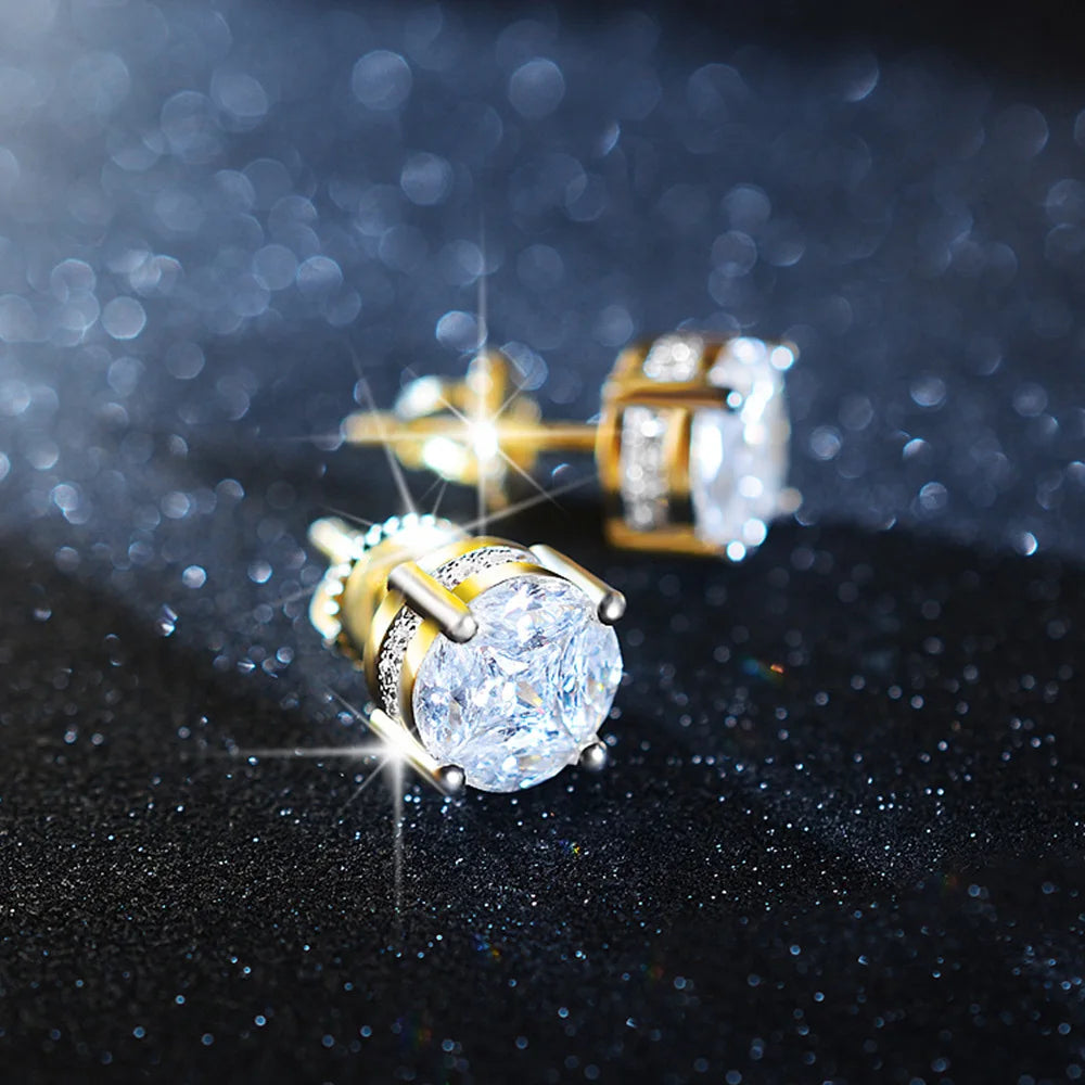 Iced Out Round Square Stud Earrings — Gold
