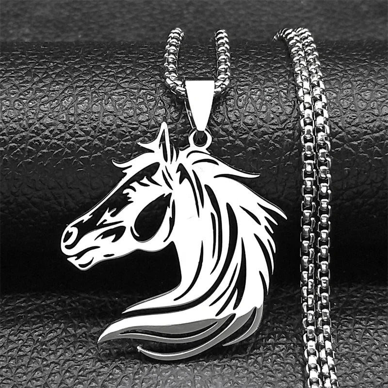 Black Horse Head Pendant Necklace — Stainless Steel