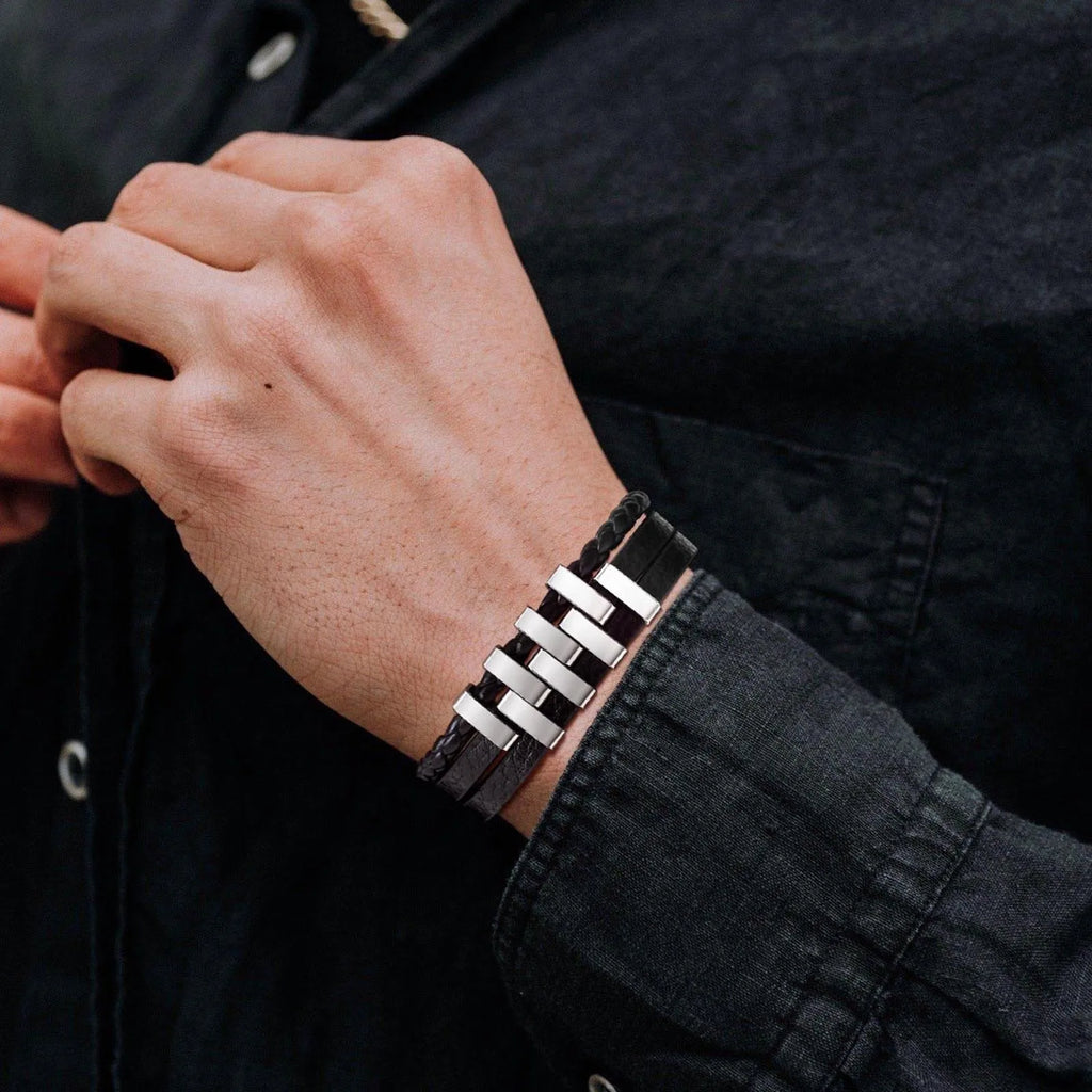 Leather 3-Layer Black Bracelet — Stainless Steel