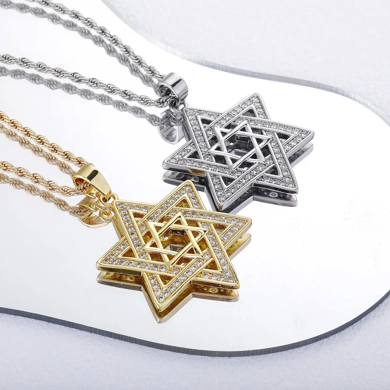 Gold Iced Out Hexagon Pendant Rope Chain Necklace