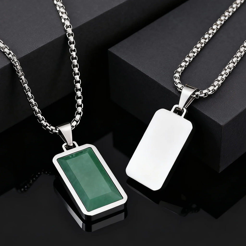 Geometric Square Green Stone Pendant Necklace — 50cm & 60cm Chain