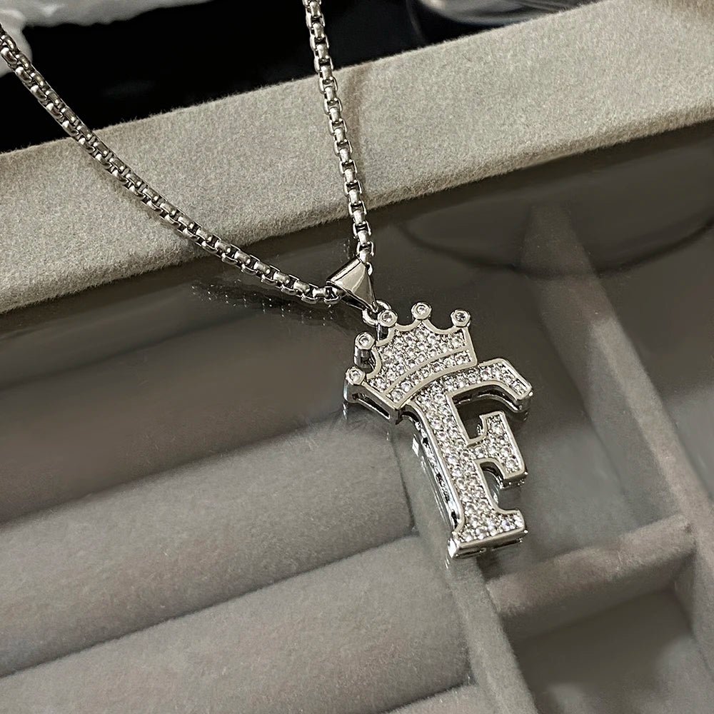 Freetry 26 Letters A-Z Zircon Crown Pendant Necklace for Women Men Punk Initial Alphabet Necklaces Hip Hop Choker Chain
