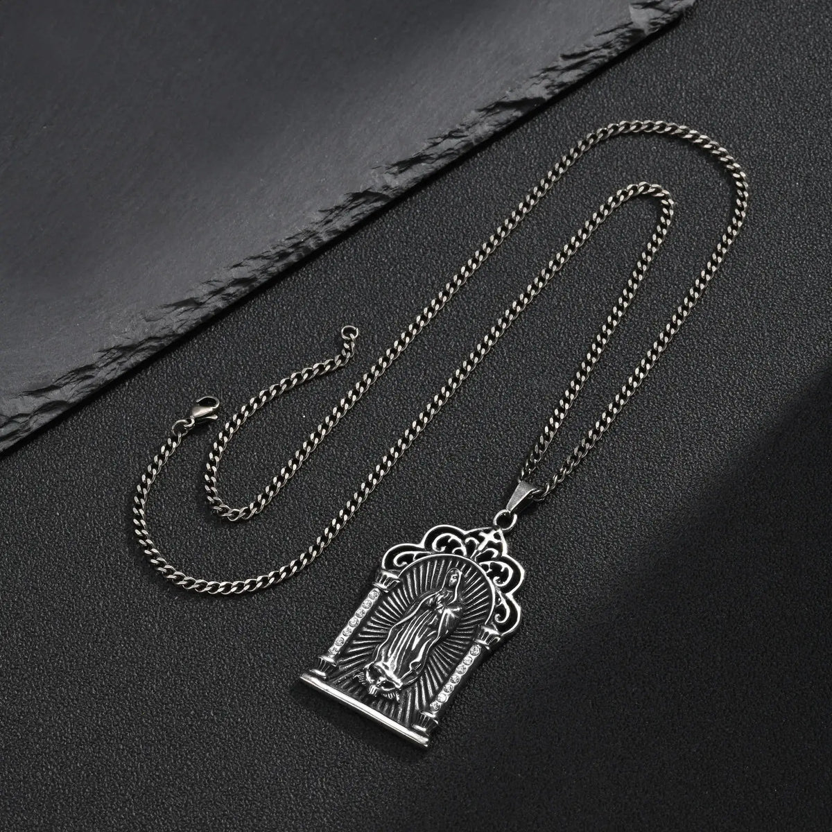 Men Stainless Steel Virgin Mary Pendant Necklace Retro Grey Clear CZ Crystal Gothic Church Religious Amulet for Daily Wear